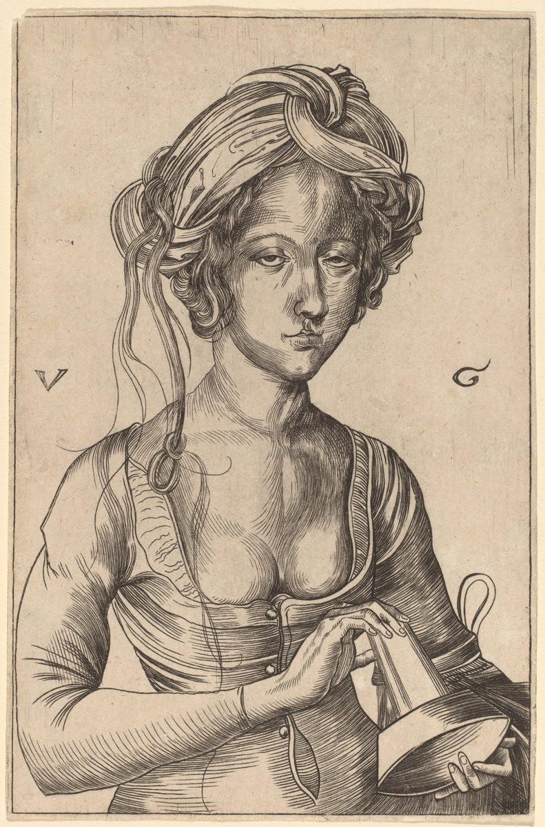 A Bust Figure of a Foolish Virgin  Holding Her Inverted Lamp by Urs Graf I after Martin Schongauer (Swiss, c. 1485 - 1527/1529), 16X12"(A3)Poster Print