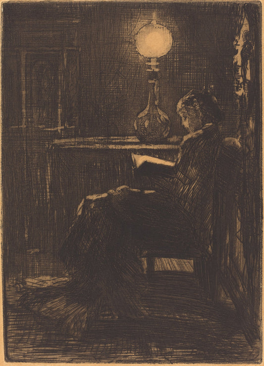 Liseuse à la Lampe (Woman Reading by Lamplight) by Félix-Hilaire Buhot (French, 1847 - 1898), 16X12"(A3)Poster Print