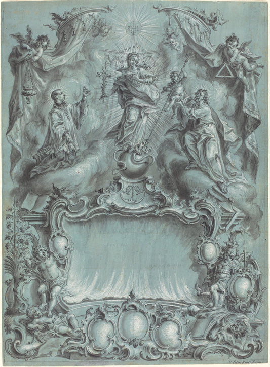 An Elaborate Rococo Setting with the Virgin and Child and Saints Defeating Evil, Heresy, and Profane Love by Vitus Felix Rigl (German, c. 1717 - 1779), 16X12"(A3)Poster Print