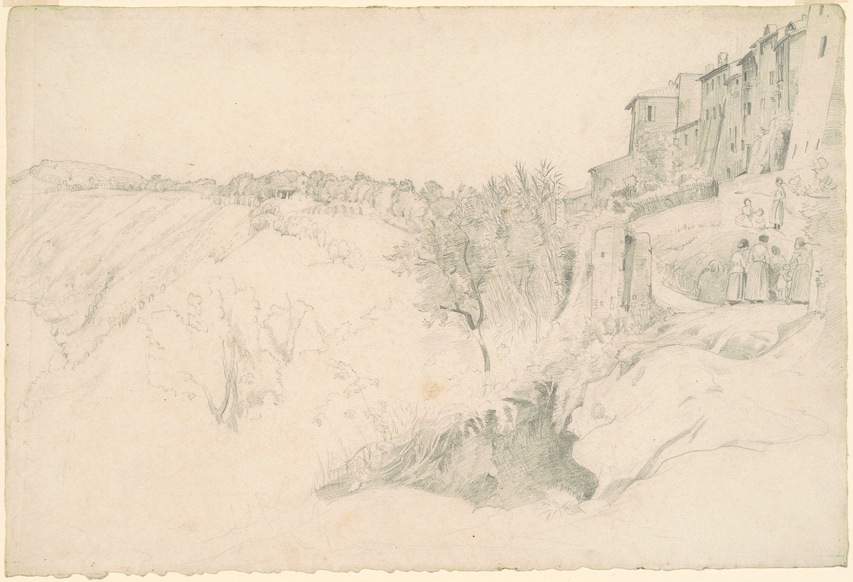 Hillside with Houses and Figures by Worthington Whittredge (American, 1820 - 1910), 16X12"(A3)Poster Print