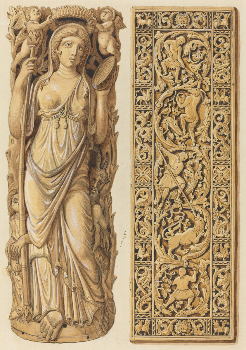 Renderings of an Ivory Carving of Ariadne from the 6th Century and an Ivory Plaque from the 9th Century by Herman Wilhelm Soltau (German, 1812 - 1861), 16X12"(A3)Poster Print
