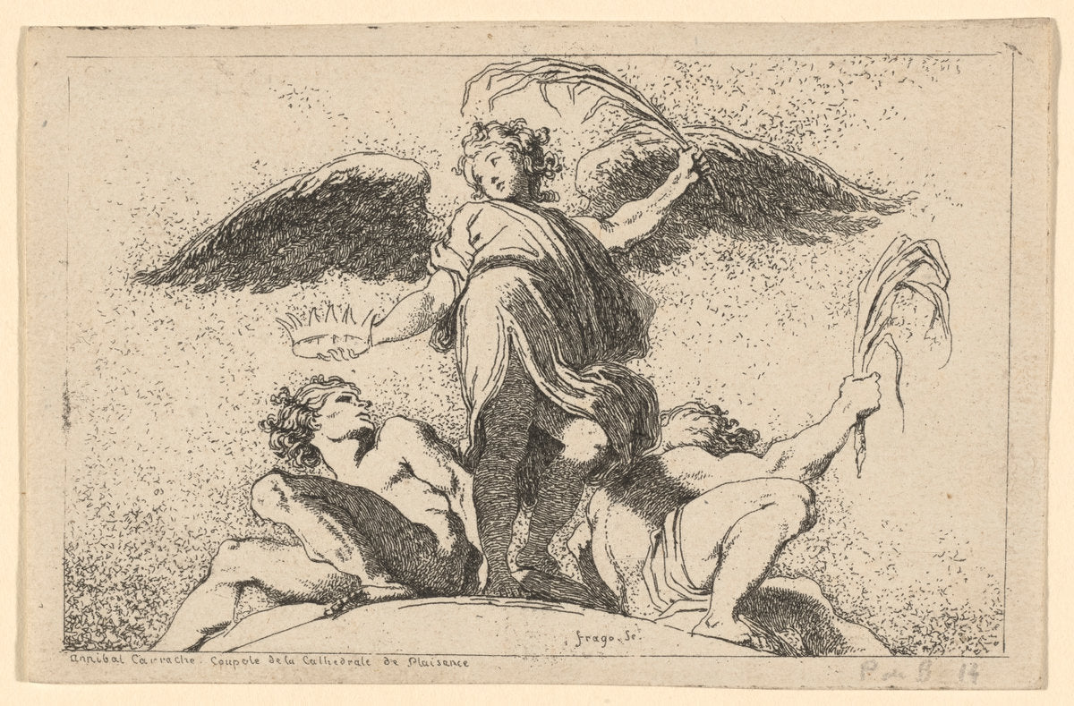 Angel Holding a Palm and a Crown by Jean-Honoré Fragonard after Annibale Carracci (French, 1732 - 1806), 16X12"(A3)Poster Print
