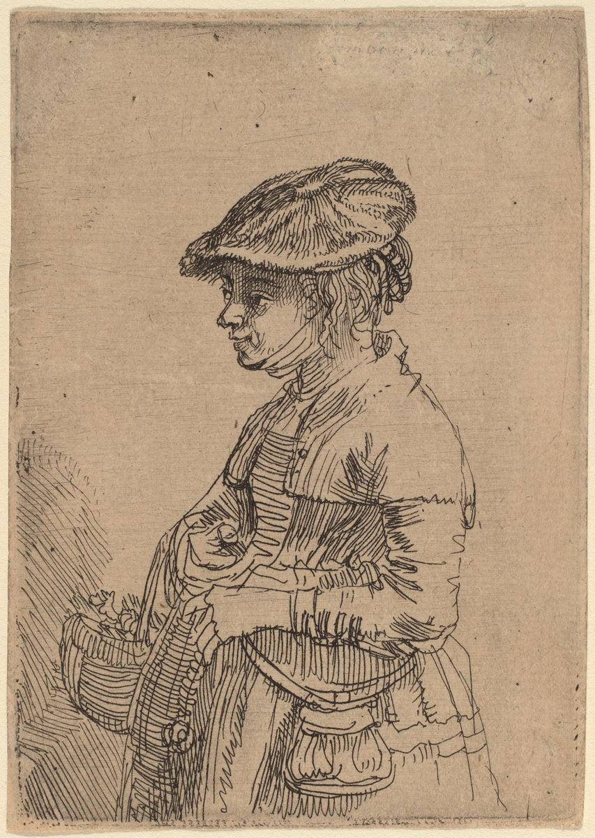 Girl with a Basket by Rembrandt van Rijn (Dutch, 1606 - 1669), 16X12"(A3)Poster Print