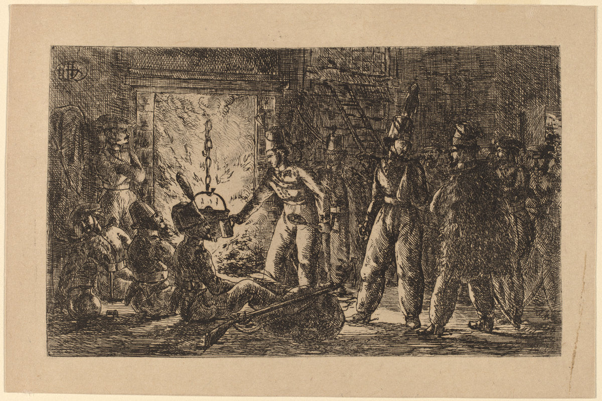 Cossacks before a Fireplace (Les cosaques devant la cheminee de la ferme en Hollande) [recto] by Gerhardus Emaus de Micault (Dutch, 1789 - 1863), 16X12"(A3)Poster Print