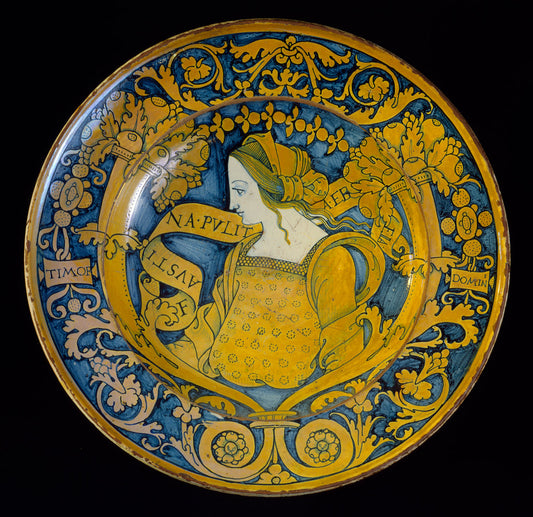 Large dish with border of floral scrollwork and cornucopias; in the center, profile bust of "Faustina" by Deruta 16th Century (Deruta, 16th century), 16X12"(A3)Poster Print