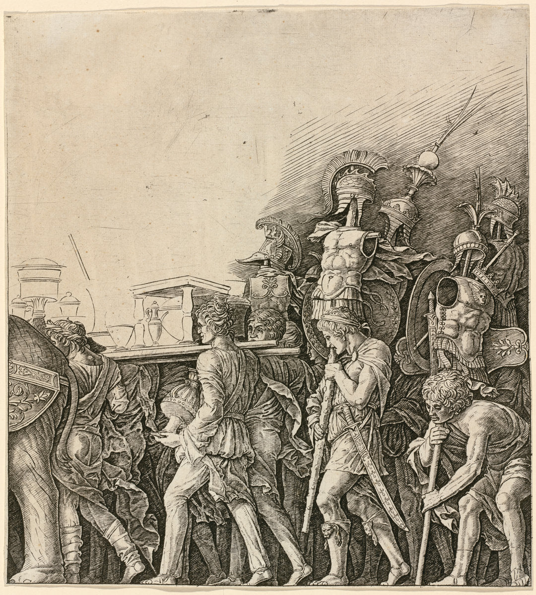 c. 1485/1490 by Workshop of Andrea Mantegna or Attributed to Zoan Andrea (The Triumph of Caesar: Soldiers Carrying Trophies), 16X12"(A3)Poster Print