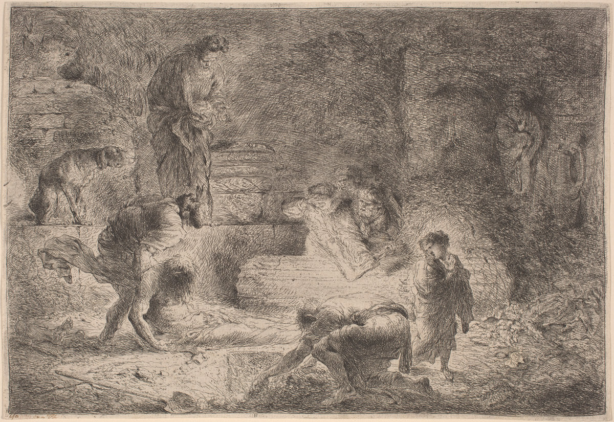 Tobit Burying the Dead by Giovanni Benedetto Castiglione (Italian, 1609  - 1664), 16X12"(A3)Poster Print