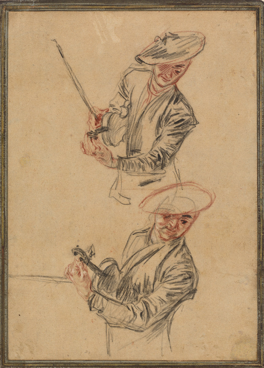 Two Studies of a Violinist Tuning His Instrument by Antoine Watteau (French, 1684 - 1721), 16X12"(A3)Poster Print