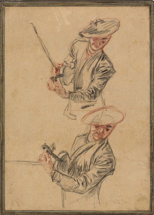 Two Studies of a Violinist Tuning His Instrument by Antoine Watteau (French, 1684 - 1721), 16X12"(A3)Poster Print