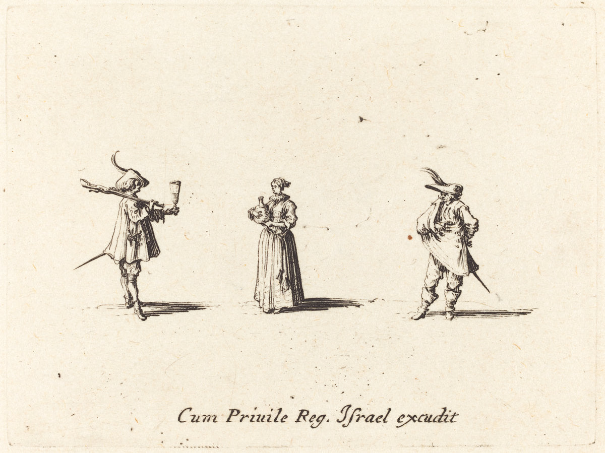 Lady with Wine Bottle, and Two Gentlemen by Jacques Callot (French, 1592 - 1635), 16X12"(A3)Poster Print