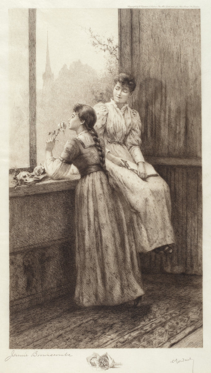 Untitled (Two Girls at a Window) by Jennie Augusta Brownscombe (American, 1850 - 1936), 16X12"(A3)Poster Print