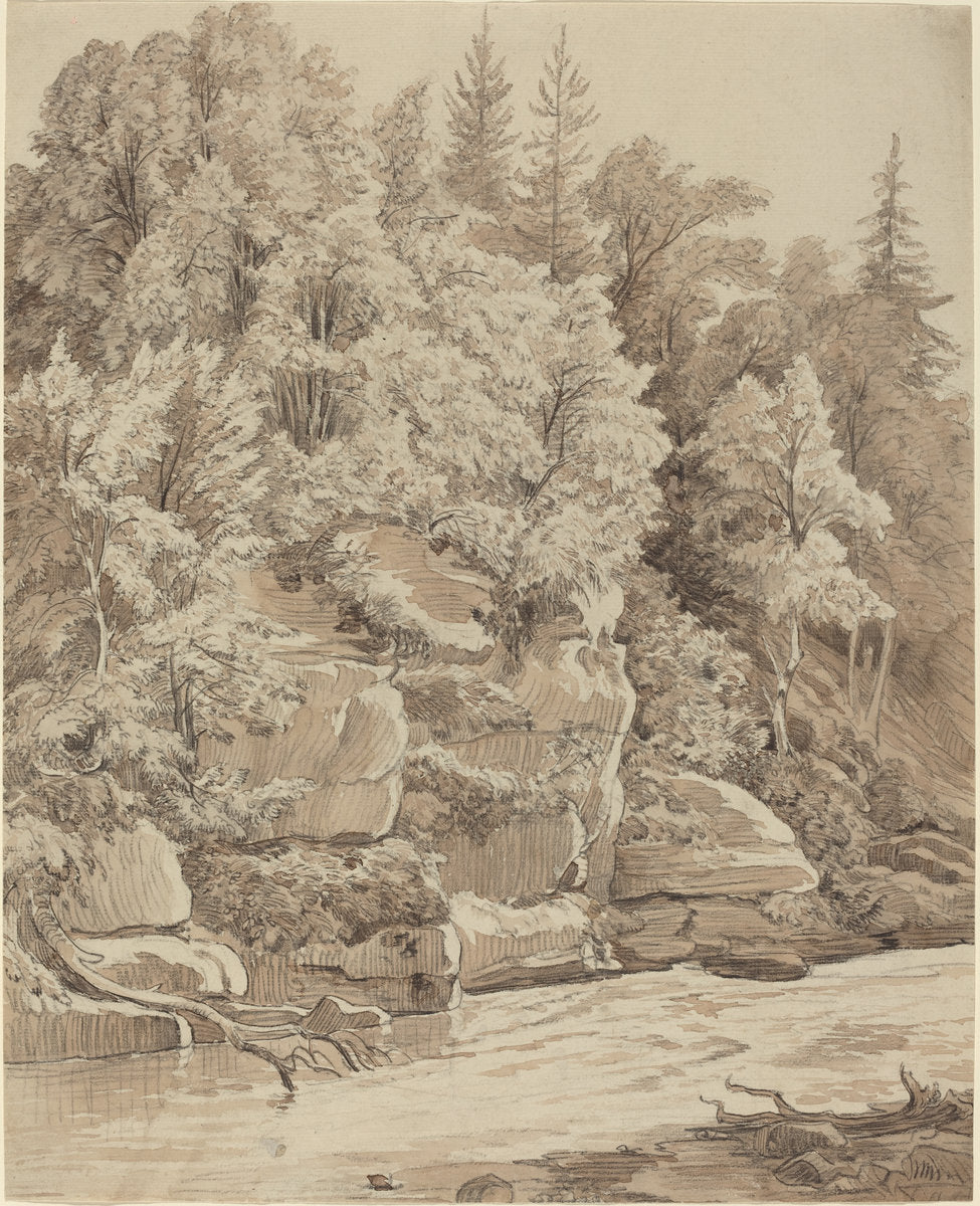 Wooded Cliffs along a Stream by Carl Wagner (German, 1796 - 1867), 16X12"(A3)Poster Print