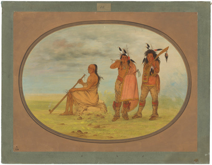 Old Menomonie Chief with Two Young Beaux by George Catlin (American, 1796 - 1872), 16X12