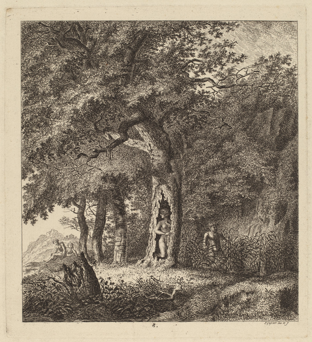 Wooded Landscape with a Nymph and a Satyr by Salomon Gessner (Swiss, 1730 - 1788), 16X12"(A3)Poster Print