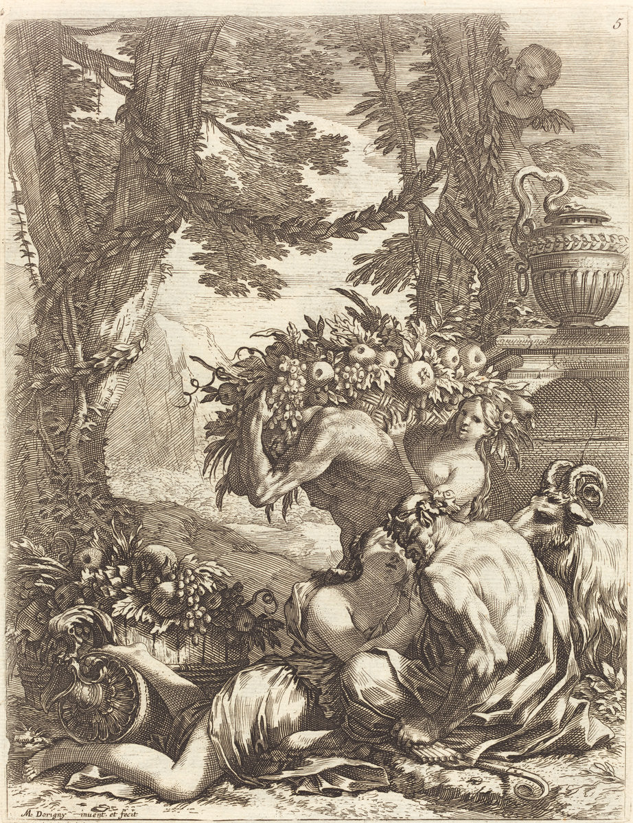 Faun Embracing a Bacchante by Michel Dorigny (French, 1617 - 1665), 16X12"(A3)Poster Print