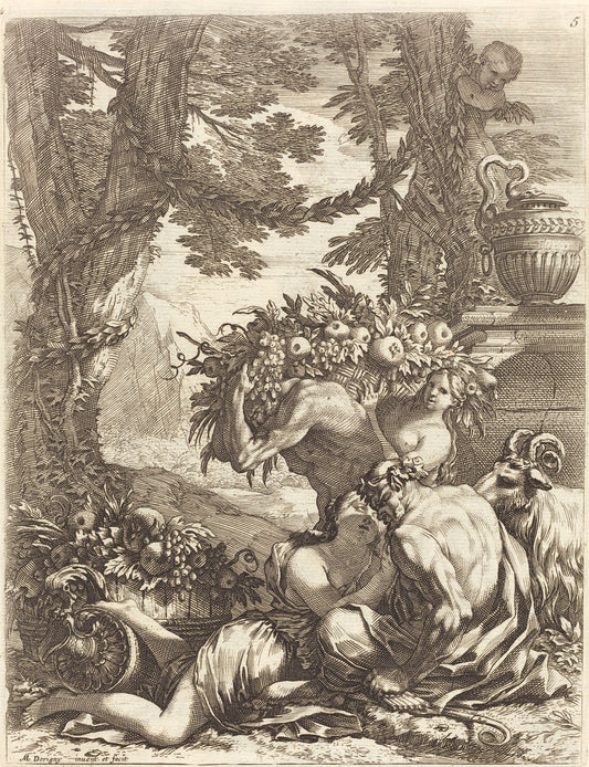 Faun Embracing a Bacchante by Michel Dorigny (French, 1617 - 1665), 16X12"(A3)Poster Print