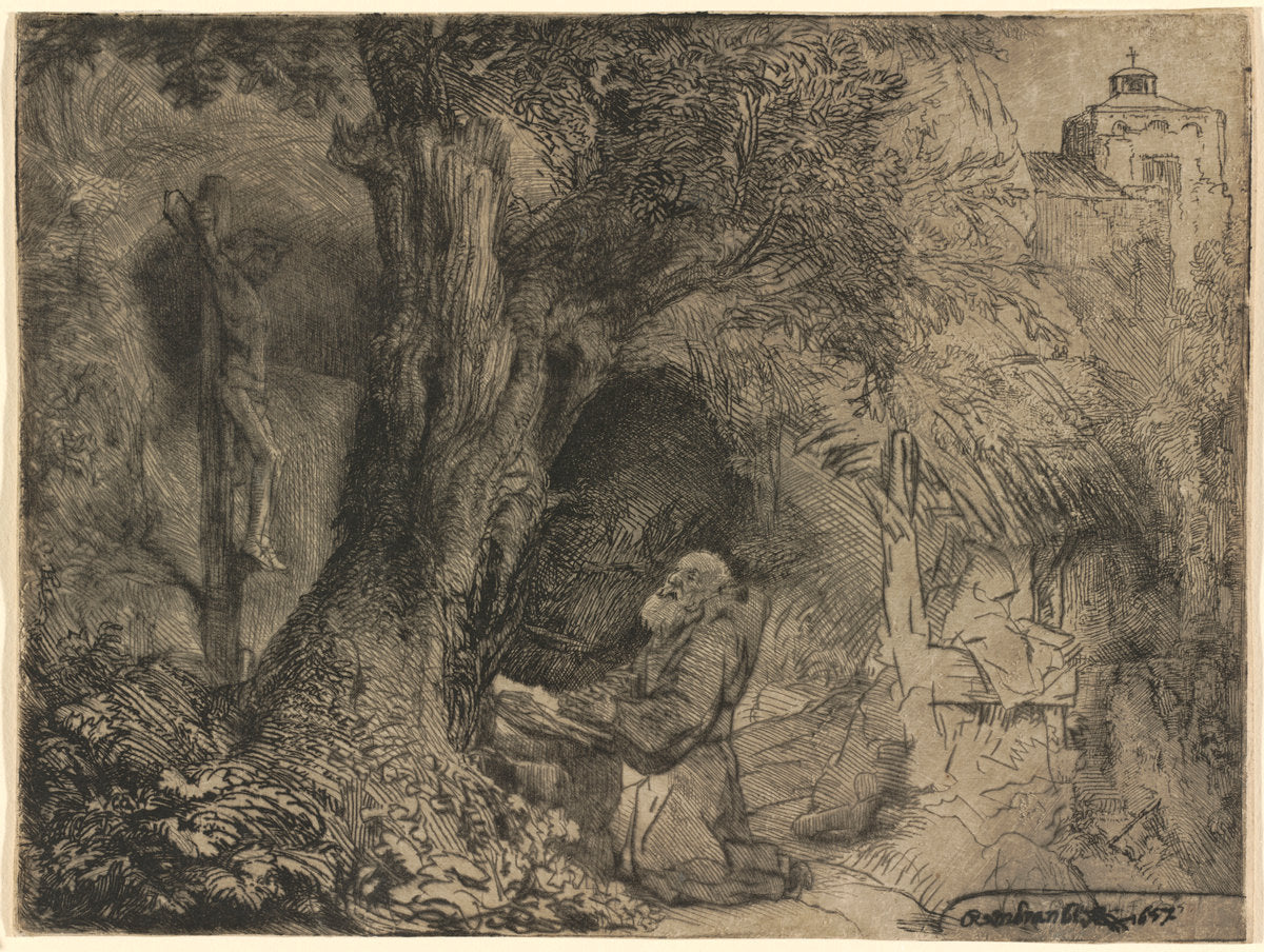 Saint Francis beneath a Tree Praying by Rembrandt van Rijn (Dutch, 1606 - 1669), 16X12"(A3)Poster Print