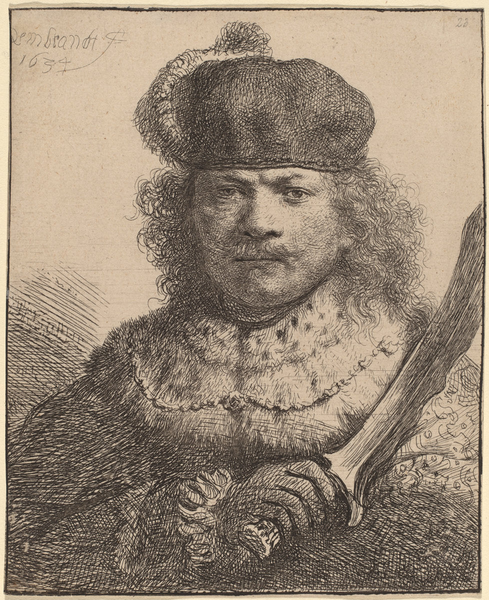 Self-Portrait with Raised Sabre by Rembrandt van Rijn (Dutch, 1606 - 1669), 16X12"(A3)Poster Print