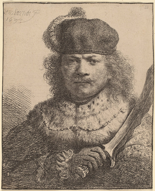 Self-Portrait with Raised Sabre by Rembrandt van Rijn (Dutch, 1606 - 1669), 16X12"(A3)Poster Print