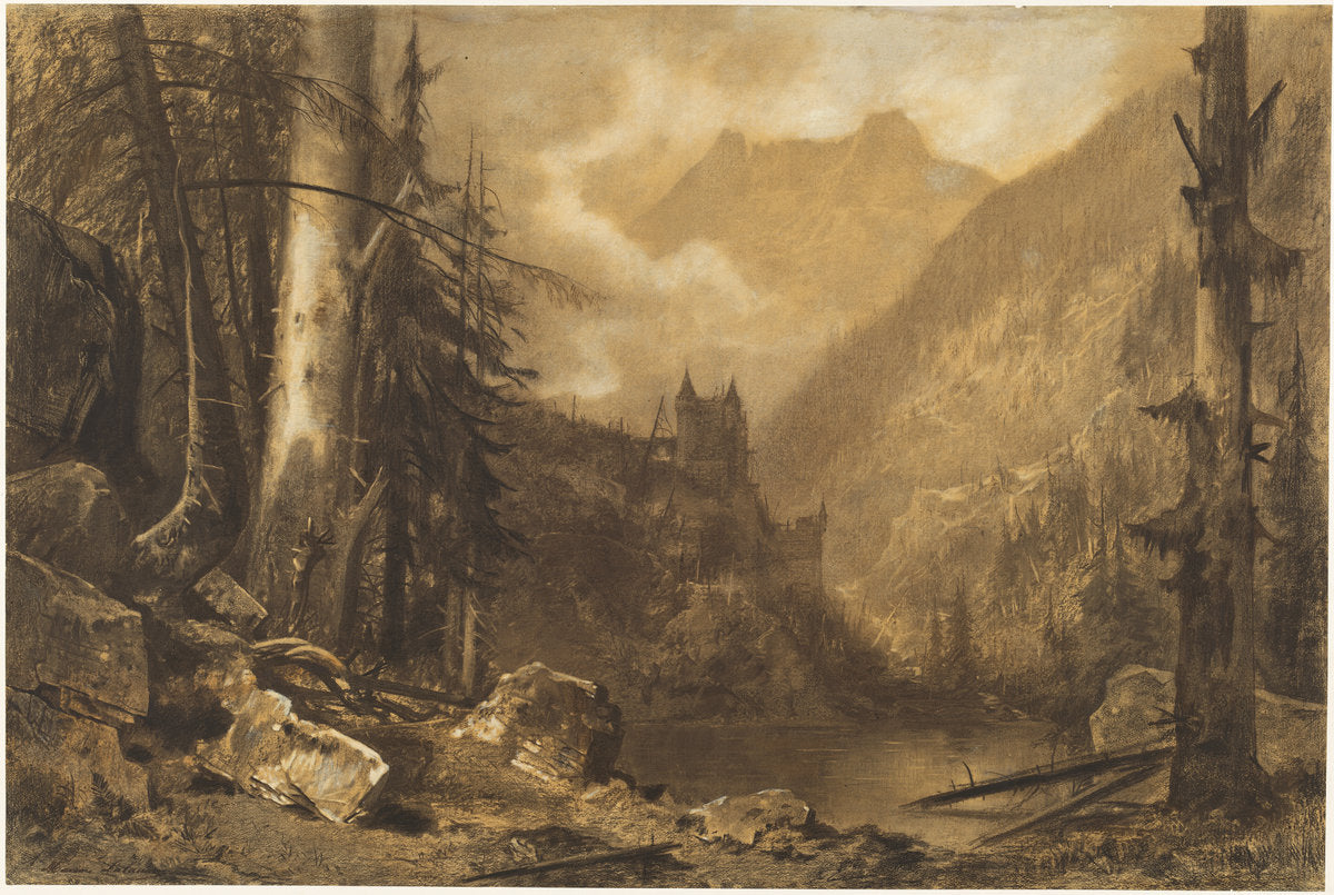 Alpine Castle above a Wooded Lake by Maxime Lalanne (French, 1827 - 1886), 16X12"(A3)Poster Print