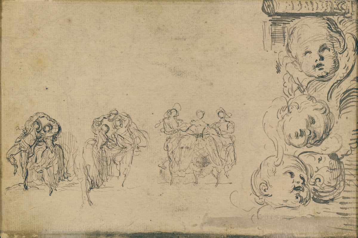 Sketches of Dancers and Heads of Putti by Gabriel Jacques de Saint-Aubin (French, 1724 - 1780), 16X12"(A3)Poster Print