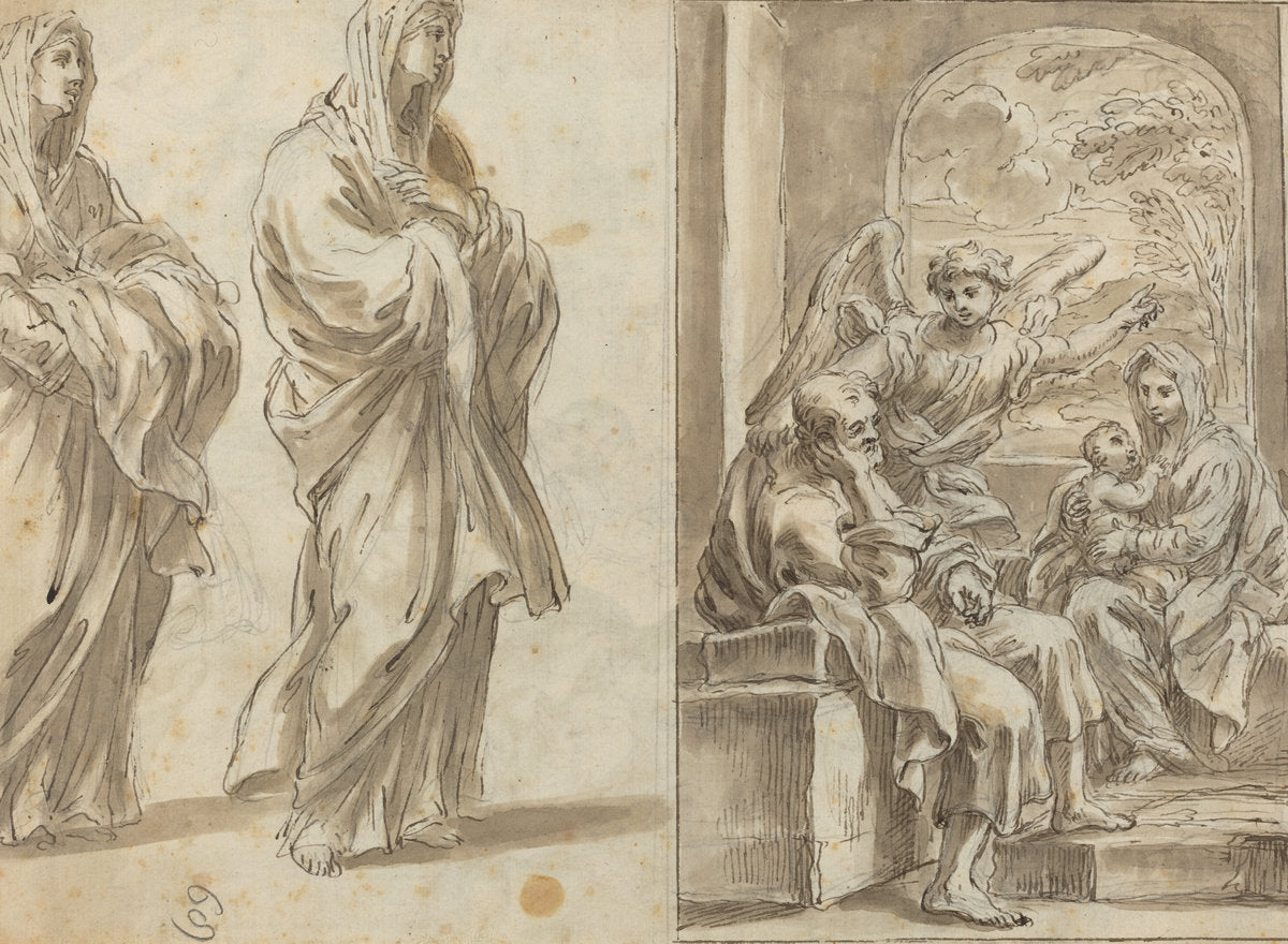Two Draped Female Figures; Rest on the Flight into Egypt [verso] by Angelo Marullo (Neapolitan, active late 17th century - early 18th century), 16X12"(A3)Poster Print