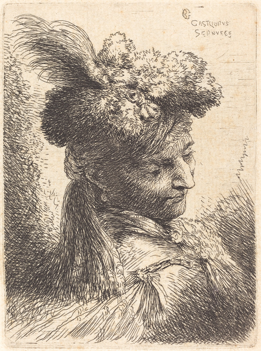 Young Man Wearing a Fur Headdress with a Headband, Facing Right by Giovanni Benedetto Castiglione (Italian, 1609  - 1664), 16X12"(A3)Poster Print