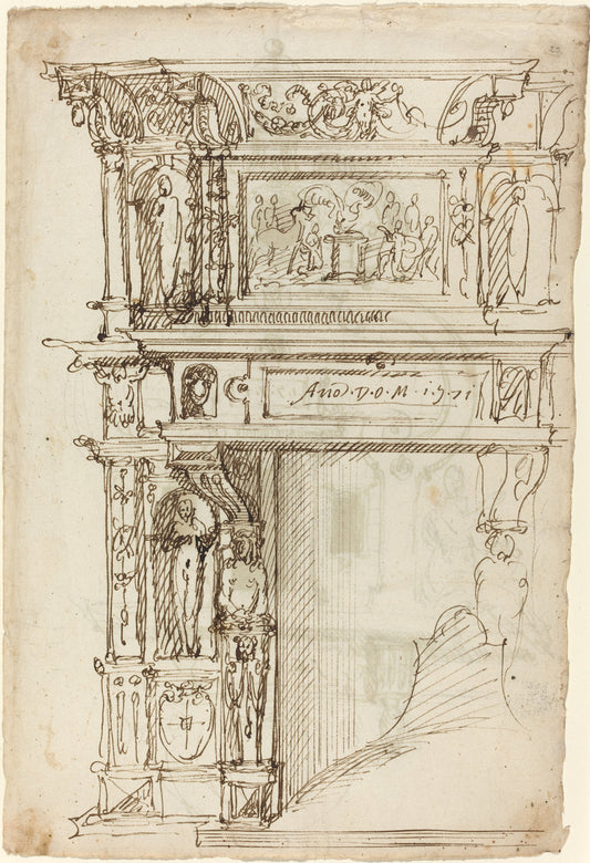 1571 by German or Austrian 16th Century (Palatial Mantelpiece with a Scene of Ancient Sacrifice [recto]), 16X12"(A3)Poster Print