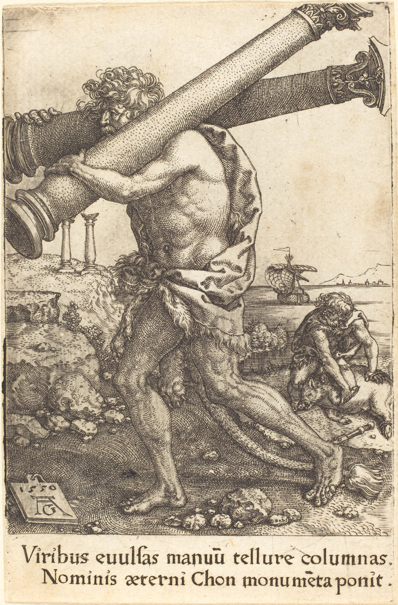 Hercules Carrying the Two Columns of Gaza by Heinrich Aldegrever (German, 1502 - 1555/1561), 16X12"(A3)Poster Print