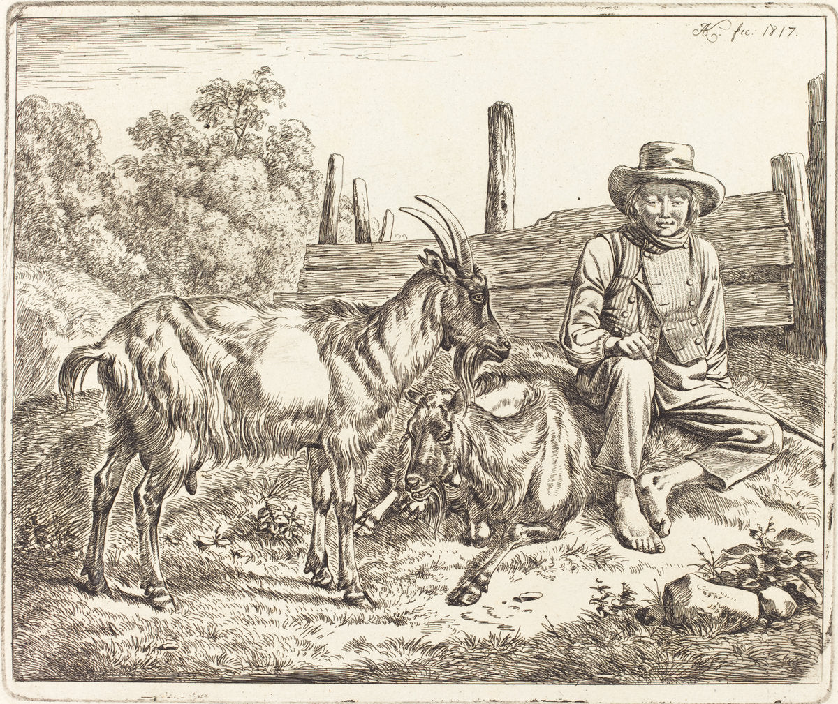 Shepherd Boy with Two Goats by Johann Adam Klein (German, 1792 - 1875), 16X12"(A3)Poster Print