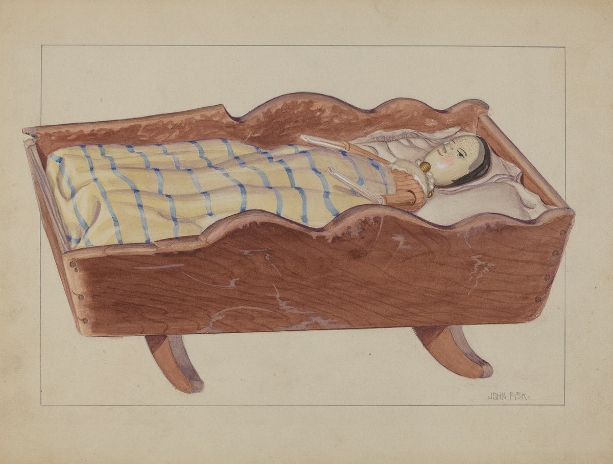 Pa. German Cradle with Doll & Coverlet by John Fisk (American, active c. 1935), 16X12"(A3)Poster Print