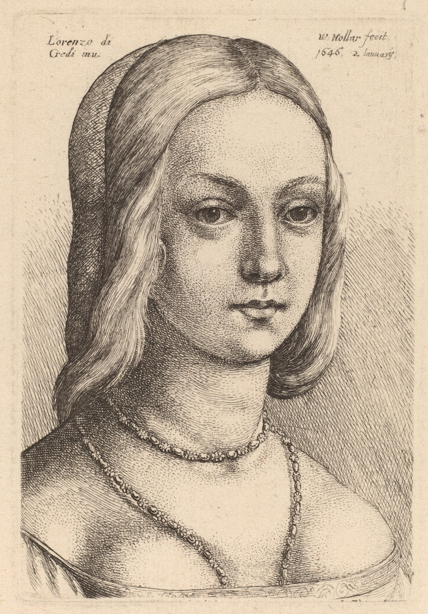Head of Woman Looking Right by Wenceslaus Hollar after Lorenzo di Credi (Bohemian, 1607 - 1677), 16X12"(A3)Poster Print