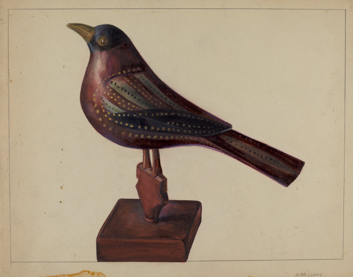 Pa. German Robin Figurine by Mina Lowry (American, 1894 - 1942), 16X12"(A3)Poster Print