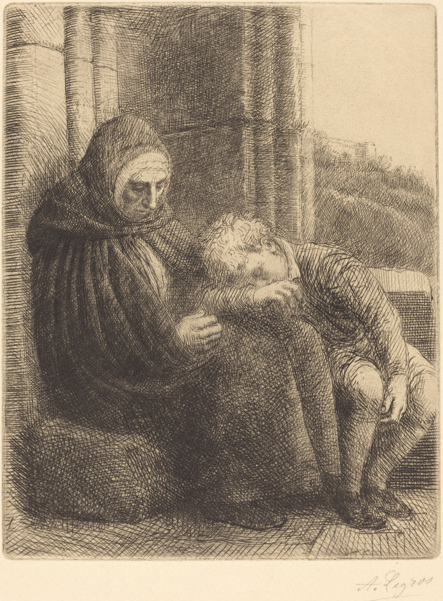 Woman Seated against a Wall, Child with His Head in Her Lap (Femme assise, muraille au fond, enfant la tete dans son giron by Alphonse Legros (French, 1837 - 1911), 16X12"(A3)Poster Print