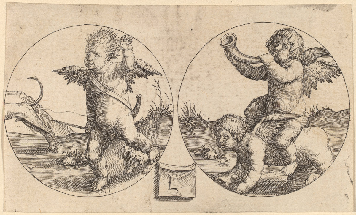 Two Cupids in Two Circles by Lucas van Leyden (Netherlandish, 1489/1494 - 1533), 16X12"(A3)Poster Print