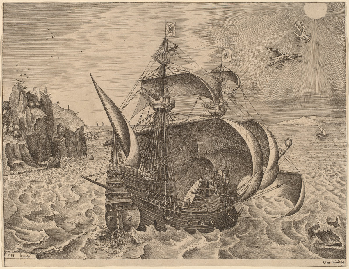 Armed Three-Master with Daedalus and Icarus in the Sky by Frans Huys after Pieter Bruegel the Elder (Flemish, 1522 - 1562), 16X12"(A3)Poster Print