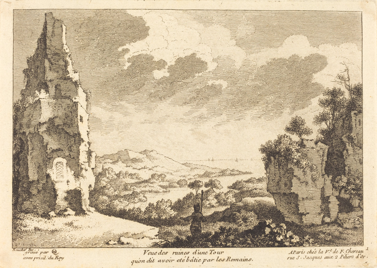 Veue des ruines d'une Tour qu'on dit avoir ete batie par les Romains by Quentin-Pierre Chedel after François Boucher (French, 1705 - 1763), 16X12"(A3)Poster Print