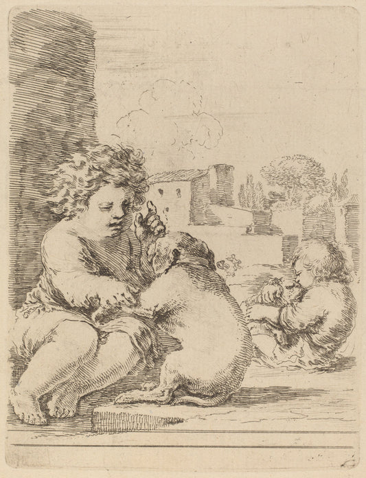 Child Playing with a Dog by Stefano Della Bella (Italian, 1610 - 1664), 16X12"(A3)Poster Print