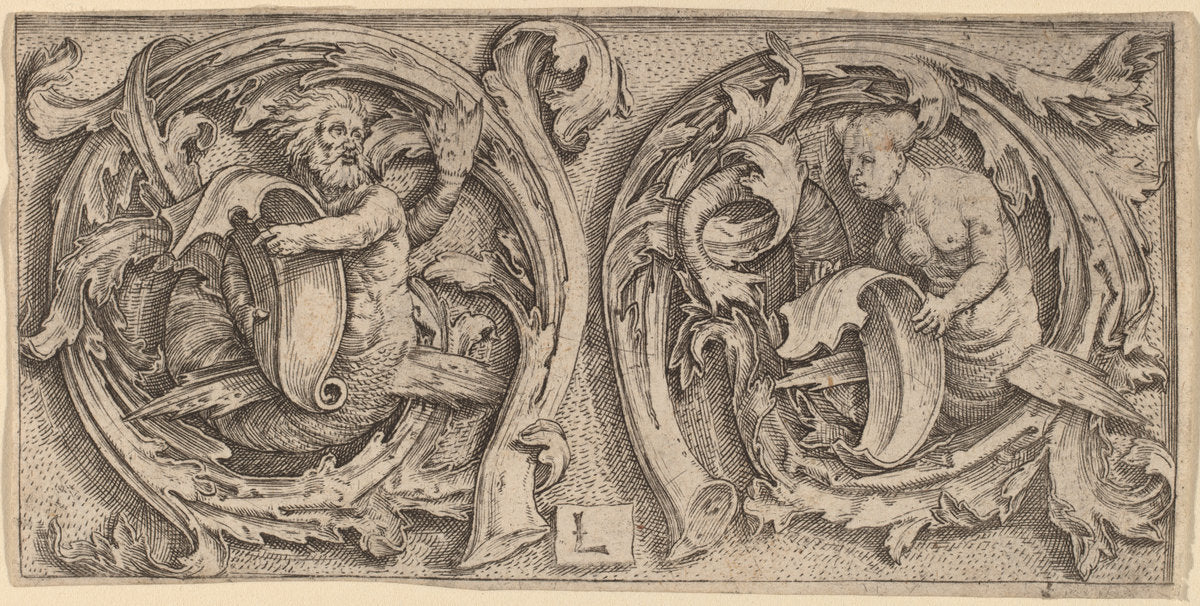 Triton and Siren in Tendrils by Lucas van Leyden (Netherlandish, 1489/1494 - 1533), 16X12"(A3)Poster Print
