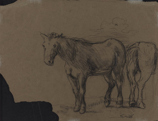 charcoal heightened with white on brown paper by French 19th Century (Possibly Alexandre-Gabriel Decamps) after Paulus Potter (Horses), 16X12"(A3)Poster Print