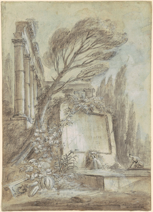 Architectural Fantasy of Roman Ruins with an Inscription Plaque by Jean-Baptiste Lallemand (French, 1716 - c. 1803), 16X12"(A3)Poster Print