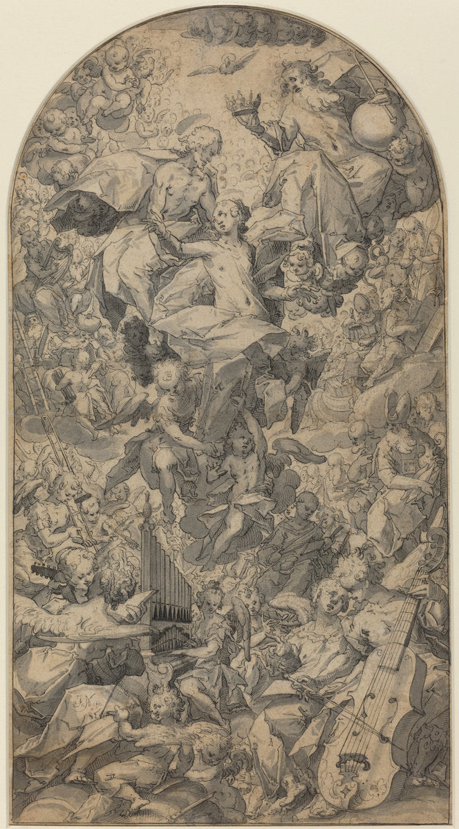 The Coronation of the Virgin with Angel Musicians and All Saints by Master J.N. (German or Netherlandish, active late 16th century), 16X12"(A3)Poster Print