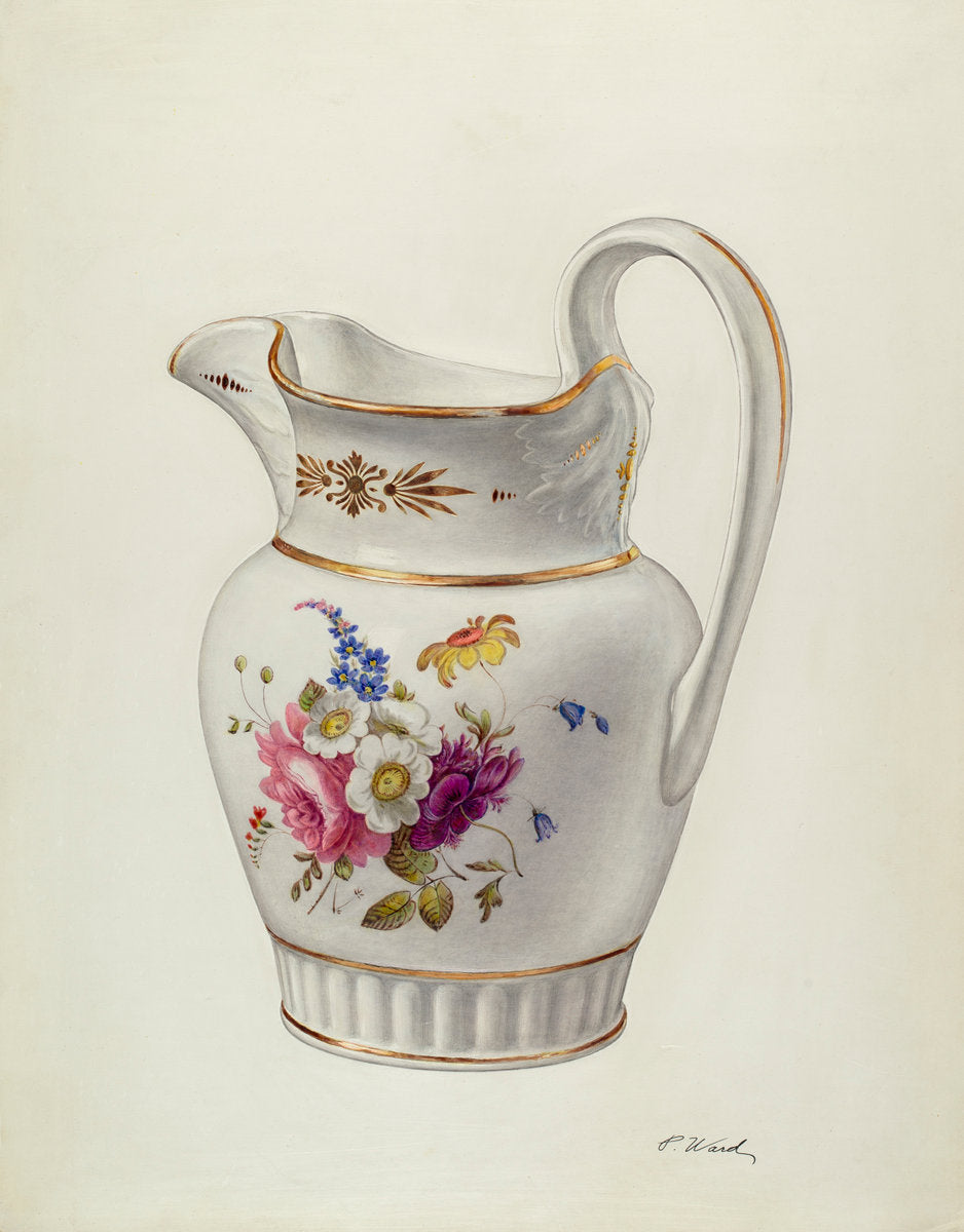 White Glazed Porcelain Pitcher by Paul Ward (American, active c. 1935), 16X12"(A3)Poster Print