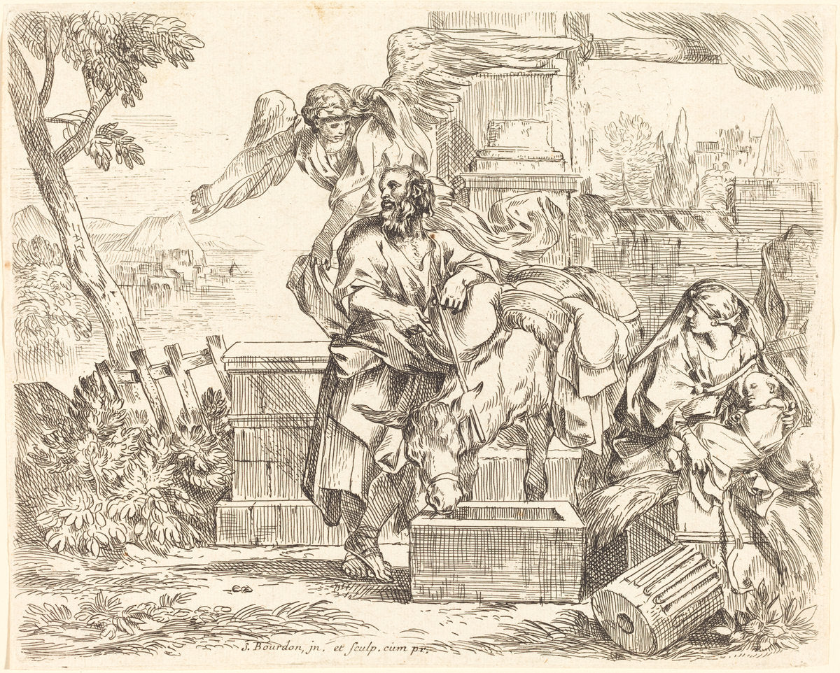 Saint Joseph Listening to the Angel's Counsel by Sébastien Bourdon (French, 1616 - 1671), 16X12"(A3)Poster Print