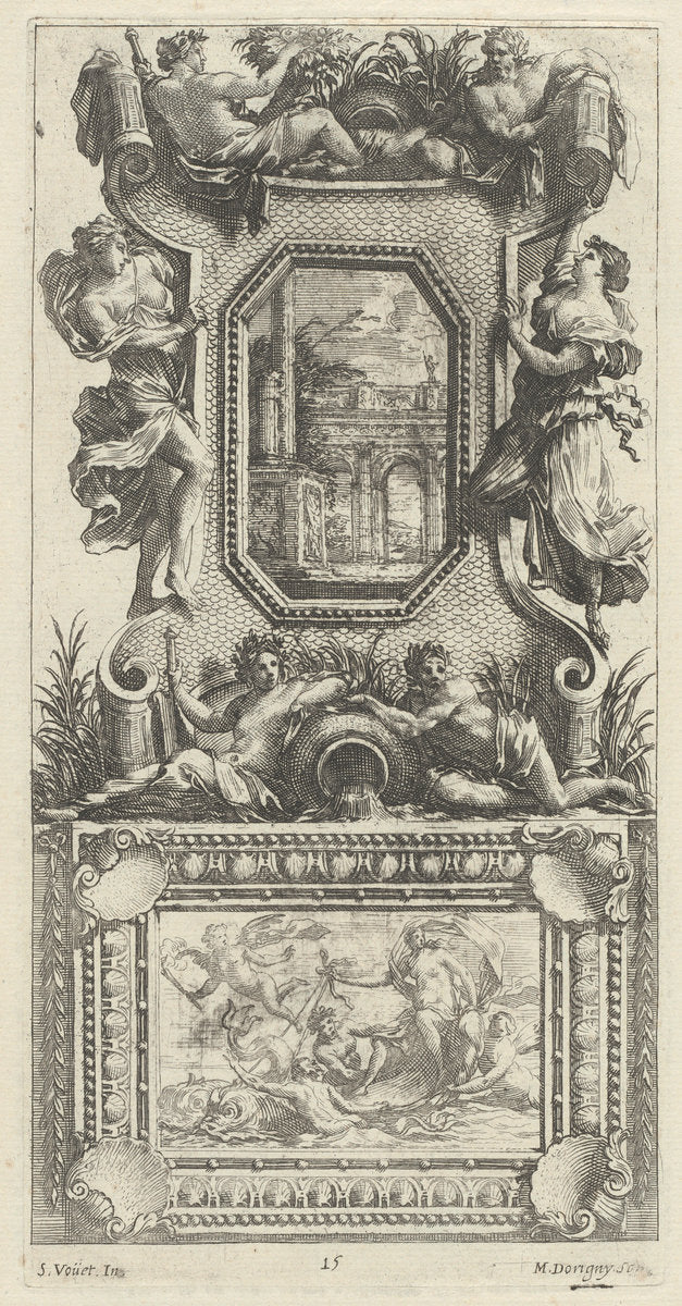 Ornamental Panel Surmounted by a Naiad and a River God by Michel Dorigny, after Simon Vouet (French, 1617 - 1665), 16X12"(A3)Poster Print