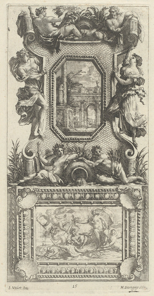 Ornamental Panel Surmounted by a Naiad and a River God by Michel Dorigny, after Simon Vouet (French, 1617 - 1665), 16X12"(A3)Poster Print