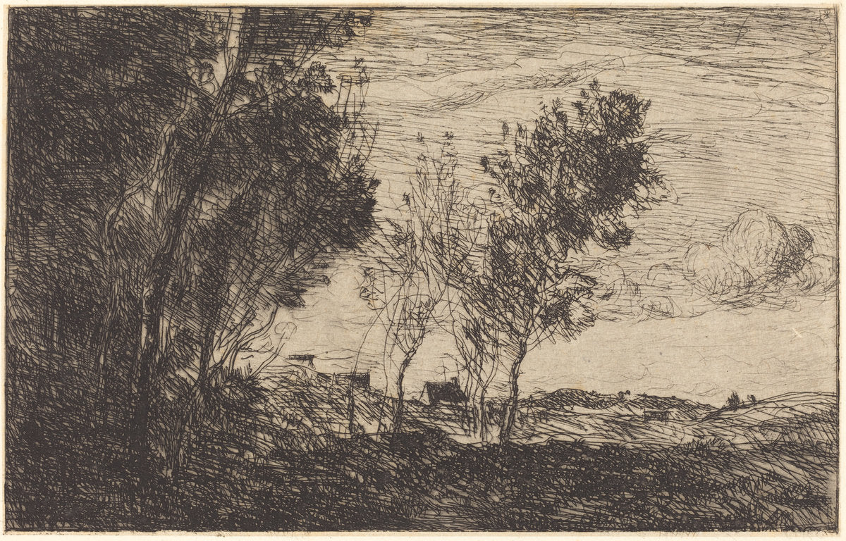 In the Dunes: Souvenir of The Hague  (Dans les dunes: Souvenir du bois de La Haye) by Jean-Baptiste-Camille Corot (French, 1796 - 1875), 16X12"(A3)Poster Print