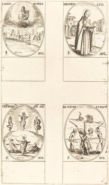 St. Mary of Snow; St. Memmius, Bishop; The Transfiguration; Sts. Justus and Pastor by Jacques Callot (French, 1592 - 1635), 16X12"(A3)Poster Print