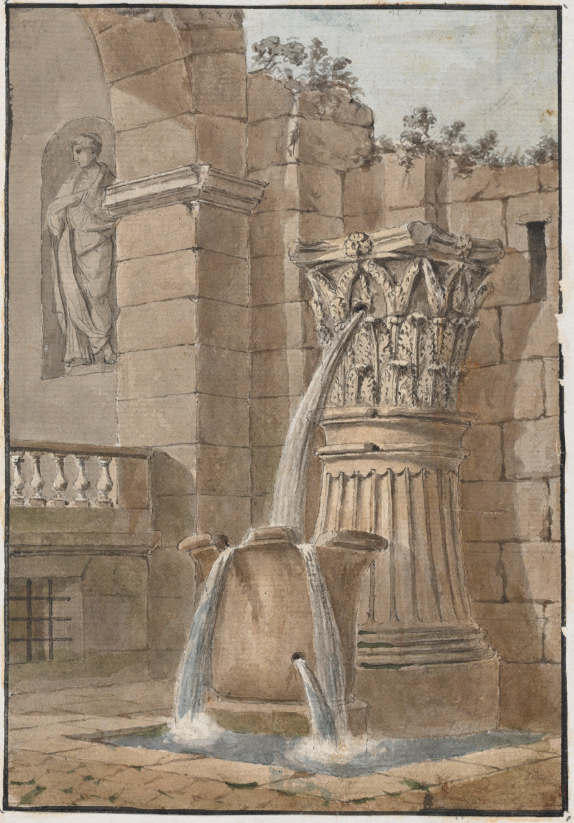 Fountain in a Courtyard by Charles Louis Clérisseau (French, 1722 - 1820), 16X12"(A3)Poster Print