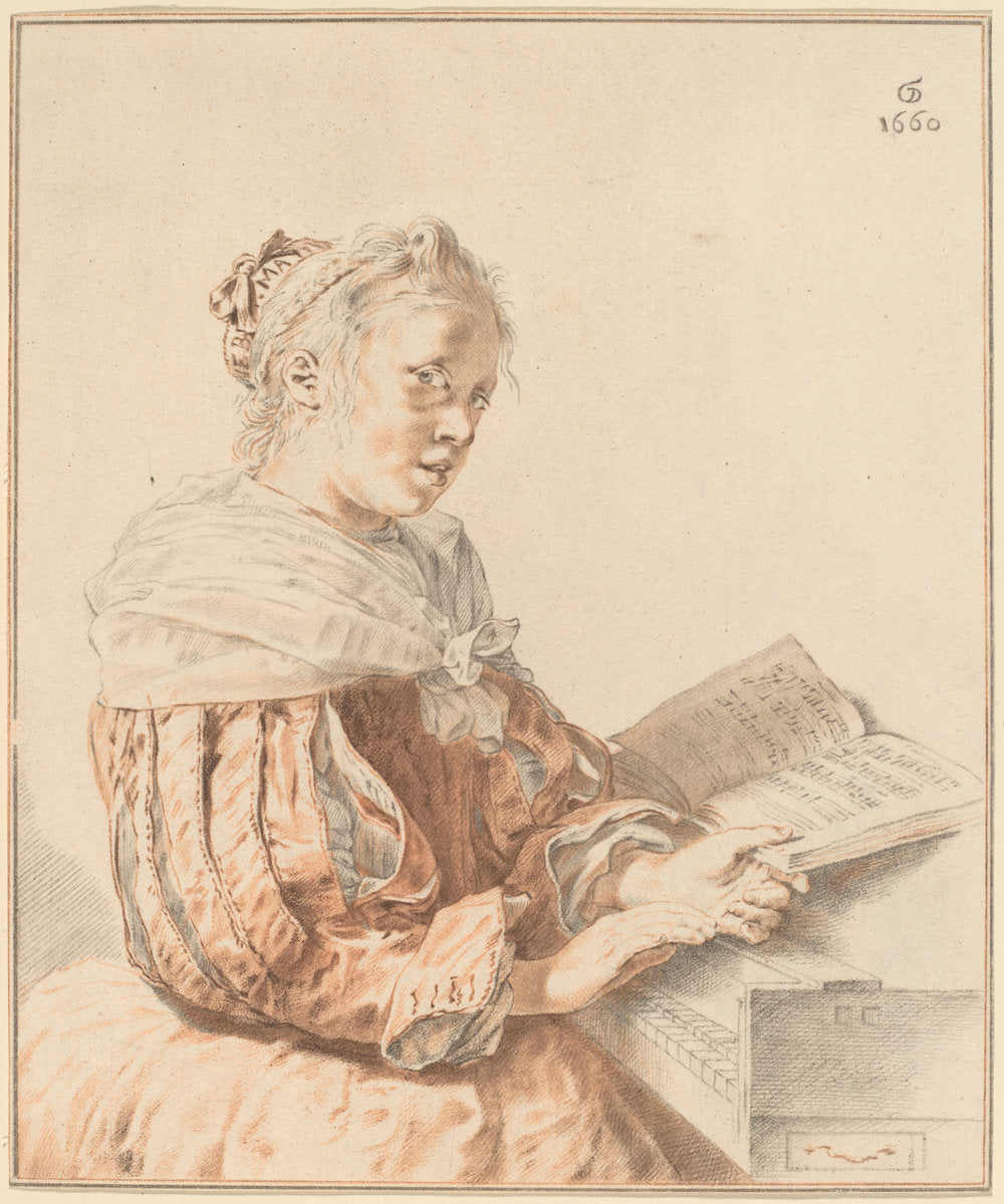 Young Girl at the Keyboard by Cornelis Ploos van Amstel and Johannes Kornlein after Gerrit Dou (German, died 1772), 16X12"(A3)Poster Print